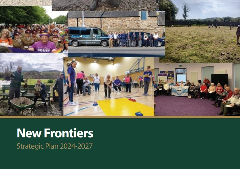 New Frontiers Strategic plan 2024-2027. text below a 6 images of groups of people taking part in activities.